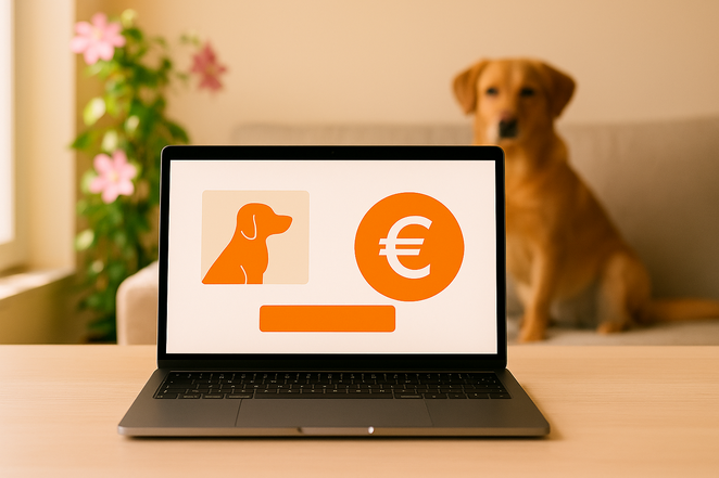 Laptop mit grafischer Darstellung Hundeanmeldung, im Hintergrund ein Hund