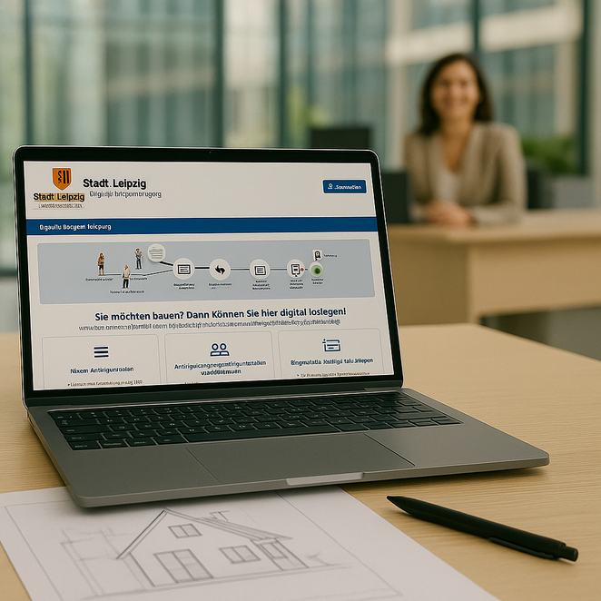 Laptop mit Abbildung digitaler Bauantrag der Stadt Leipzig